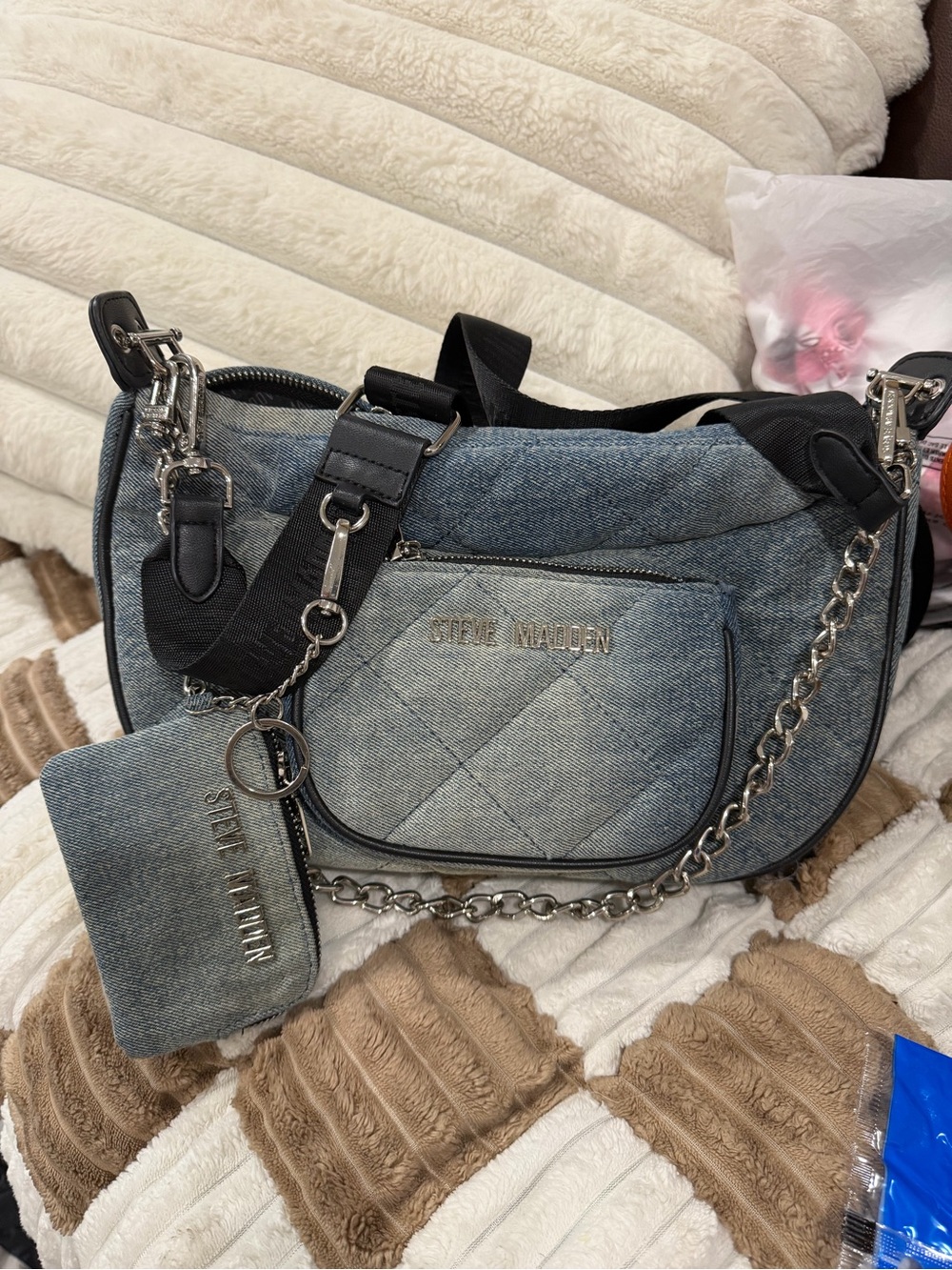 Steve Madden Quilted Denim Shoulder Bag in Light Blue